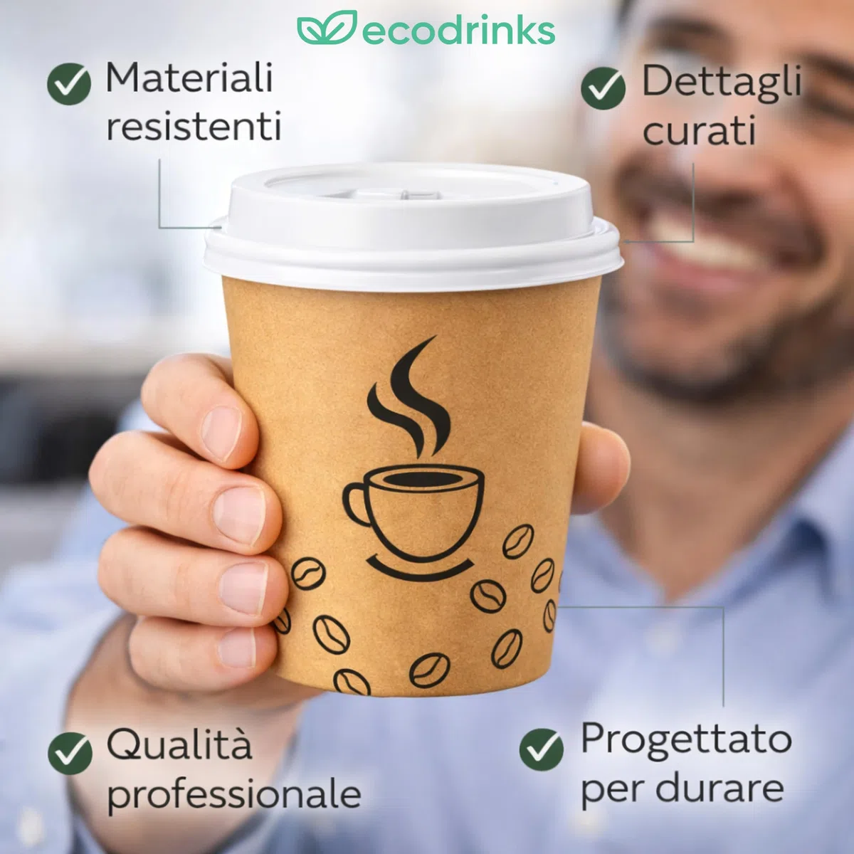 1000 Bicchieri di Carta con Coperchio da 120ml - Rivestimento Interno Impermeabile, Biodegradabile, Look Professionale - Per Bar, Ufficio, Eventi - Colore Avana e Grafica Caffè