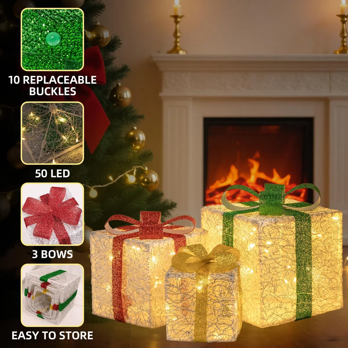 Arespark Set di 3 Luci Scatola Regalo Natalizie, 50 LED Regalo Luminosi Natale con 8 modalità Luminose, IP44 Illuminate per Albero di Natale, Vetrina, Finestre, Giardino, Decorazioni Natalizie