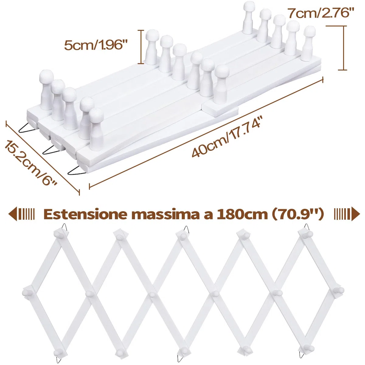 Qiannhee Appendiabiti da Parete Design Legno Attaccapanni da Muro Moderno con 16 Ganci de Parete Fisarmonica Bianco Appendiabiti Estensibile per Parete Ingresso Soggiorno Camera da Letto 80cm 100cm