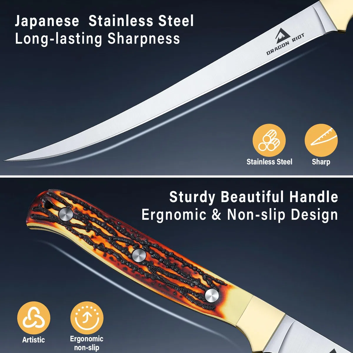 DRAGON RIOT Coltello Per Sfilettare Il Pesce, 18.5cm Coltello Da Pesce In Acciaio Inox Con Impugnatura Antiscivolo, Coltello Da Pesca Professionale Molto Affilato, Coltello Da Carne Per Il Pesce