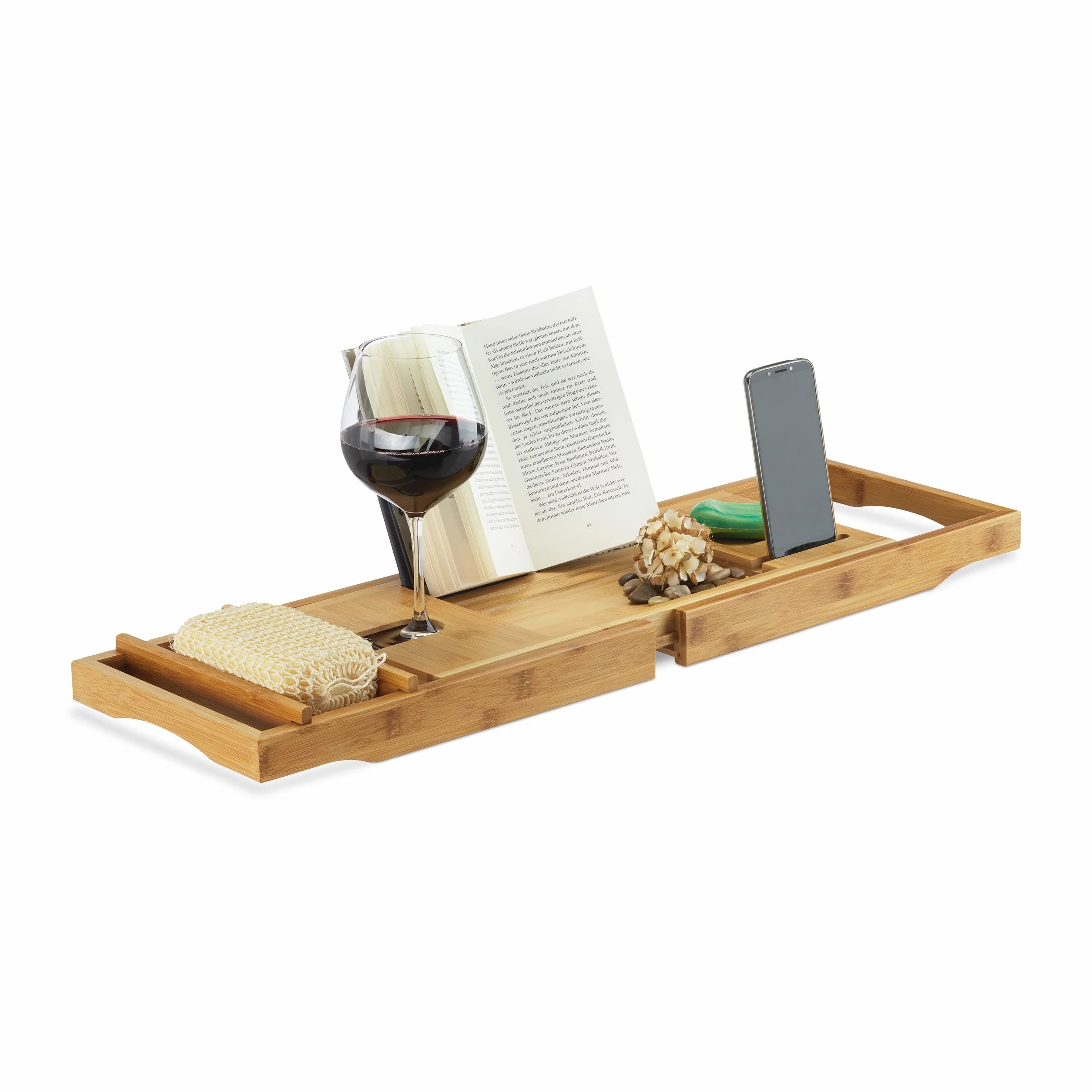 Relaxdays 10022179 Vassoio per Vasca da Bagno con Leggio e Porta-Bicchiere, Allungabile, HxLxP: 19x107,5x23 cm, Marrone Chiaro