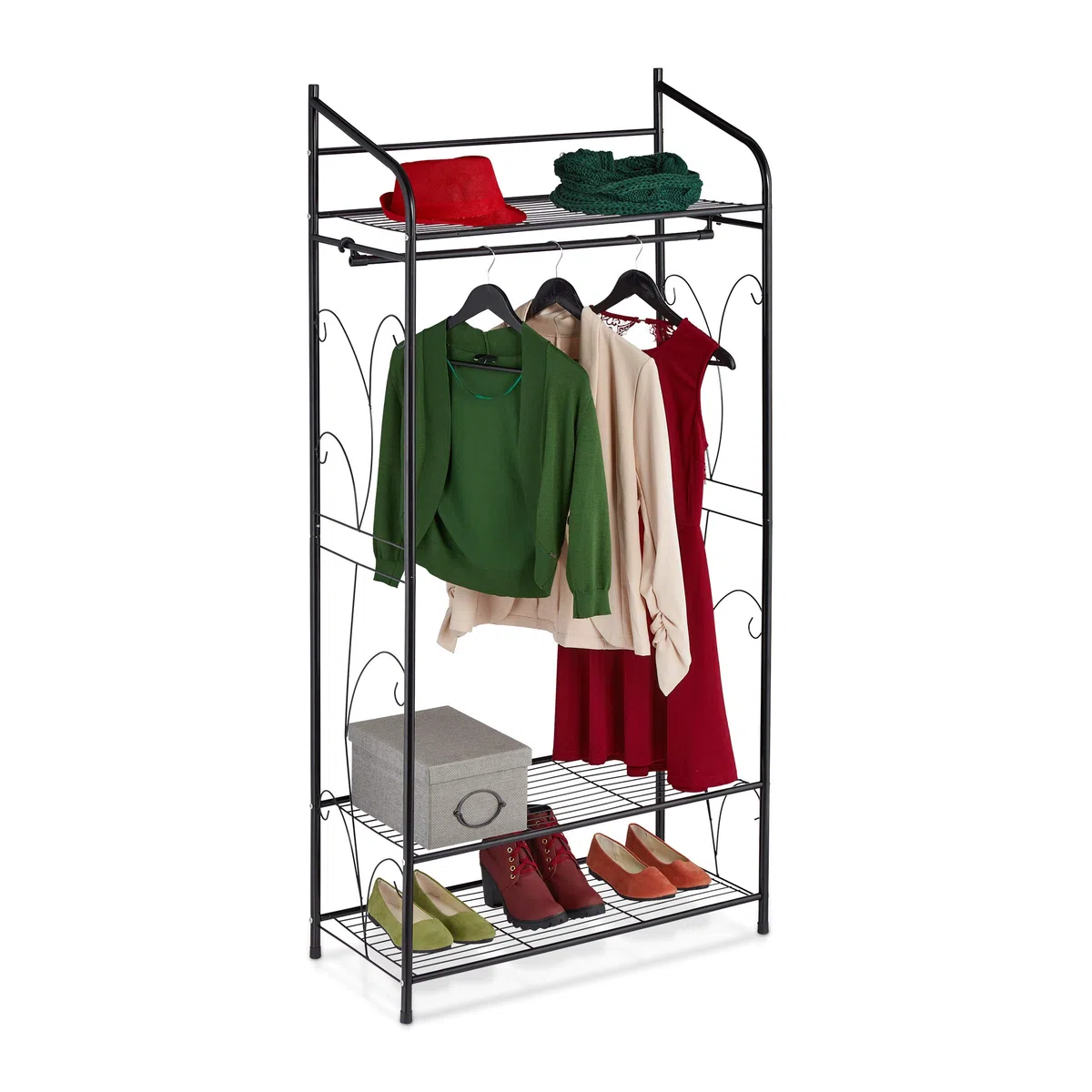 Relaxdays Stand Appendiabiti in Metallo, Attaccapanni con Ripiano per Scarpe Cappelli, Armadio Aperto, 161x78x36cm, Nero