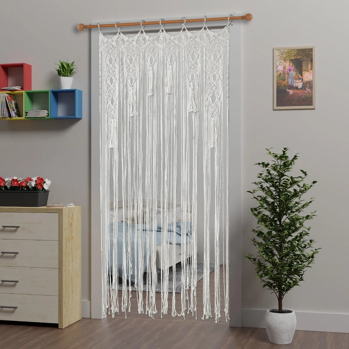 Tenda macramè Boho per porta (colore: bianco, larghezza 90 x lunghezza 200 cm, stringa)