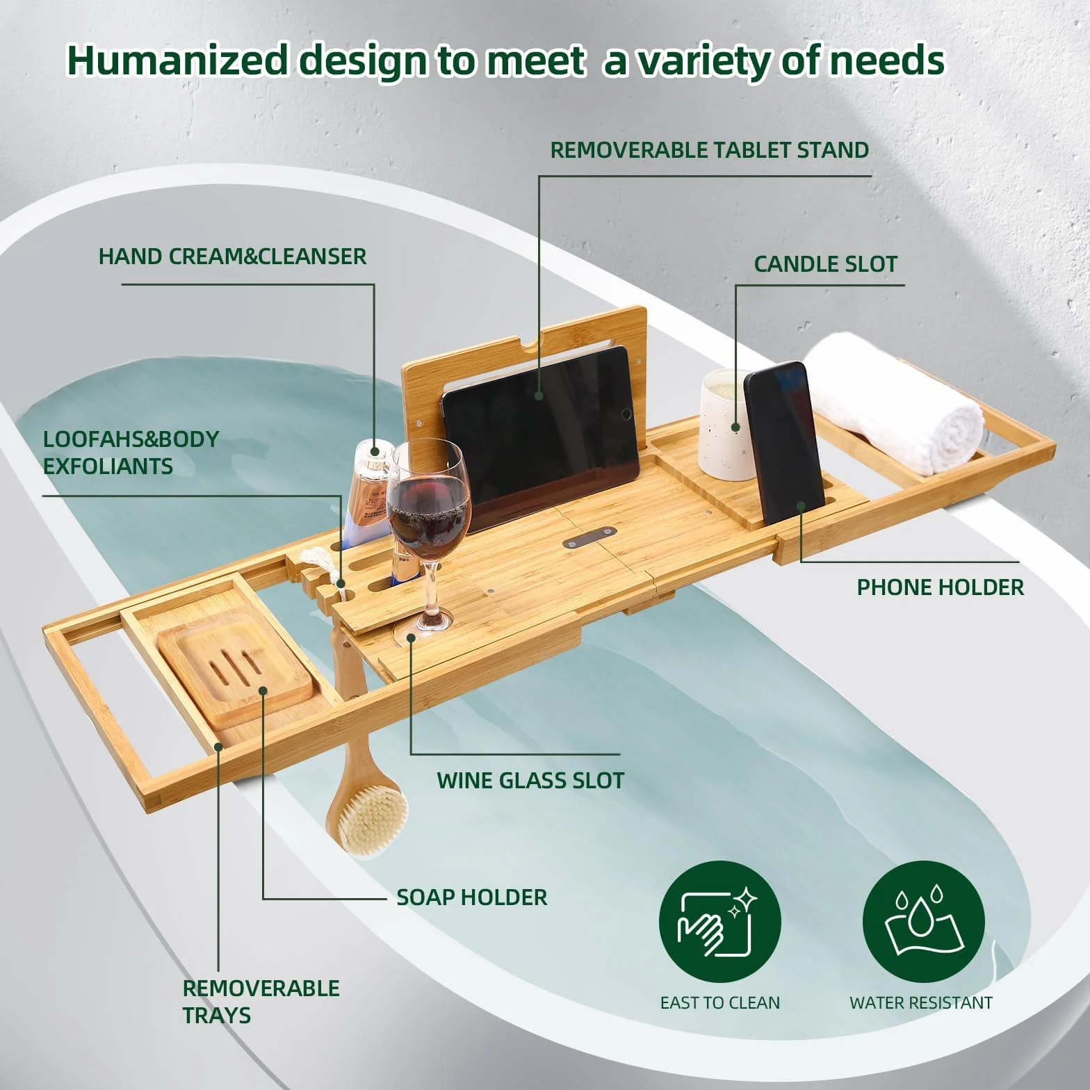 Ohuhu Vassoio Vasca da Bagno Espandibile in Bambù - Mensola e Accessori con Manopole Anti-scivolo - Piano d'Appoggio Lussuoso e Rilassante