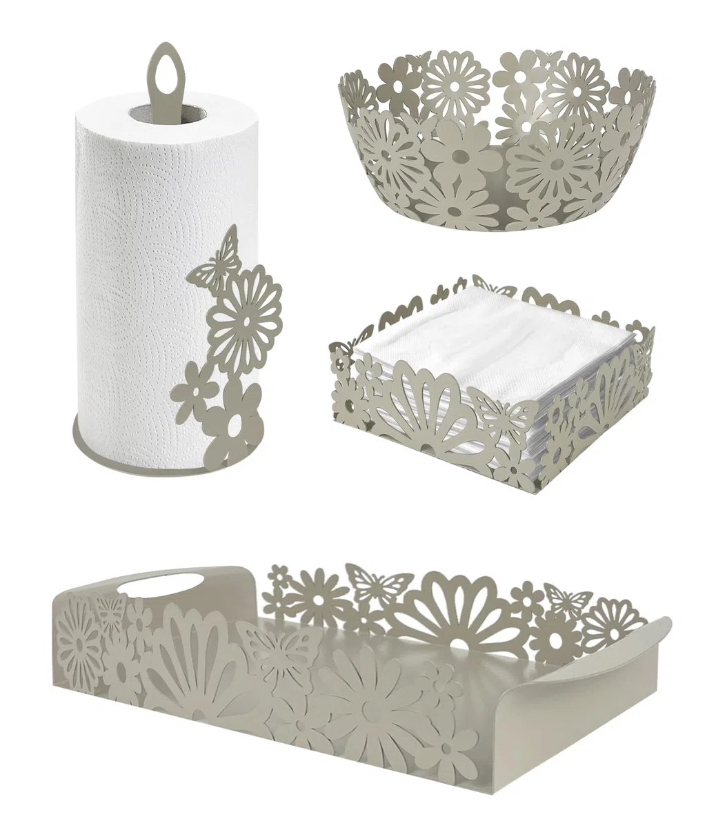 Set Accessori Cucina 2/4 Pezzi Portatovaglioli Vassoio Grande Da Portata Portafrutta Centrotavola Metallo Design Moderno Decorazioni Tavola - Fiori - 4 Pezzi