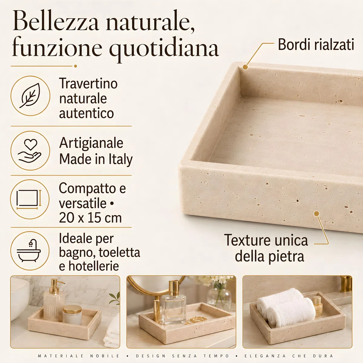 Vassoio in Travertino Naturale Kalu Creations - Vassoio Bagno Portaoggetti Decorativo, Porta Profumi e Candele - Organizer Bagno Pietra - Made in Italy - 20 x 15 cm