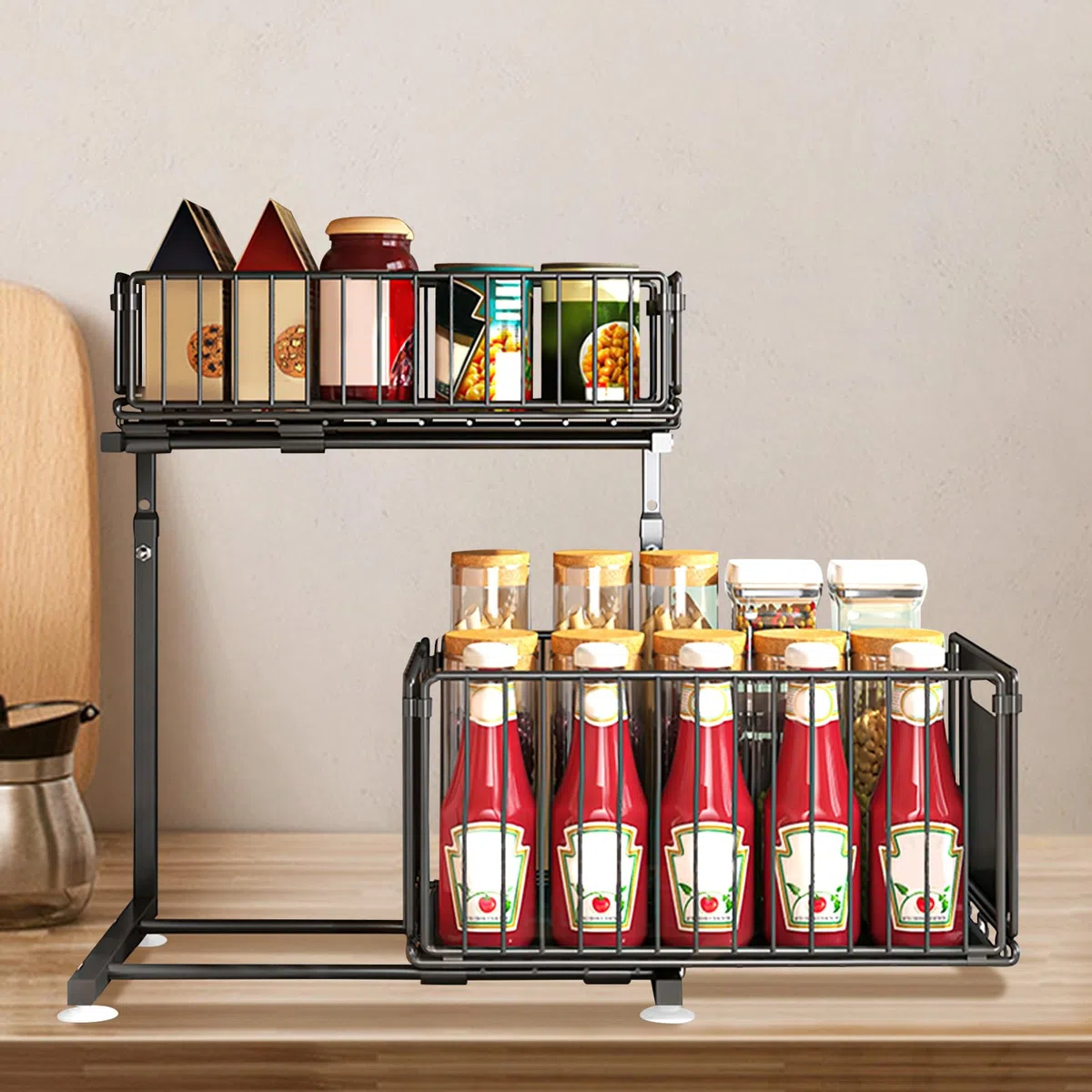 HUOLE Organizer sotto lavello a 2 livelli, organizer da cucina, ripiano sotto lavandino, portaspezie, cestino portaoggetti scorrevole in metallo, per cucina, bagno, camera da letto (26,5 x 38 x 48,5