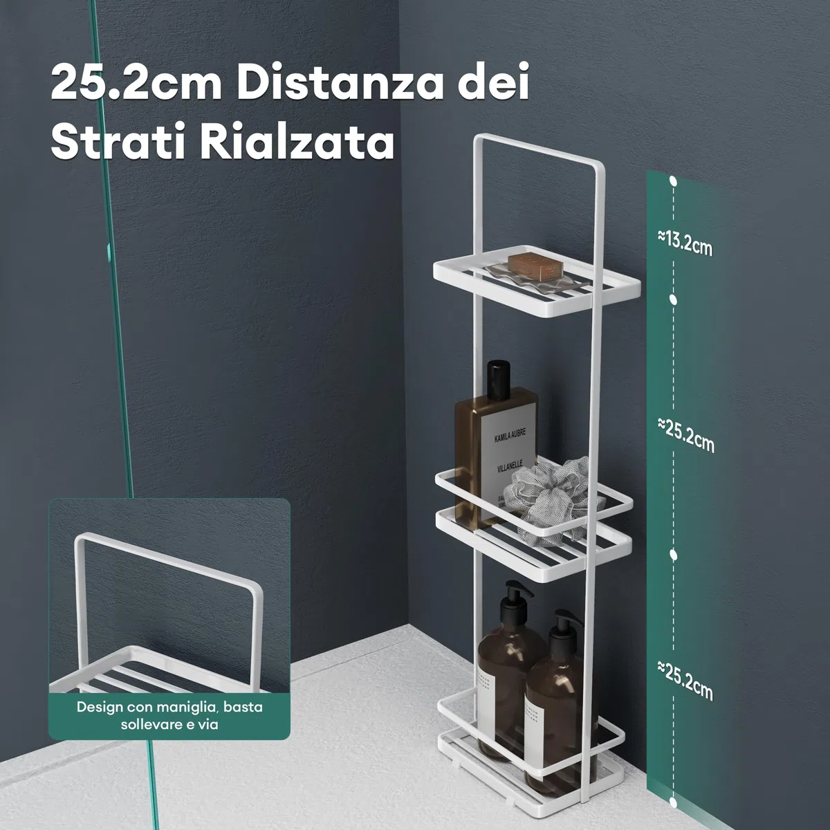 Mai & Mai Scaffale da Bagno di 3 Livelli 18x12.5x67.3cm, Scaffale Portaoggetti in Metallo Robusto con 4 Piedini Antiscivolo per Doccia, Bianco, Reglo-02