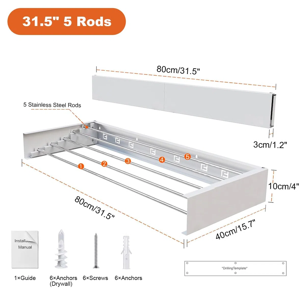 Stendibiancheria da Parete Salvaspazio - Pieghevole 80cm, 5 Aste Resistenti per 60kg, Perfetto per Interni ed Esterni, Lavanderia, Bagno o Balcone - Bianco - White 80CM 5 poles