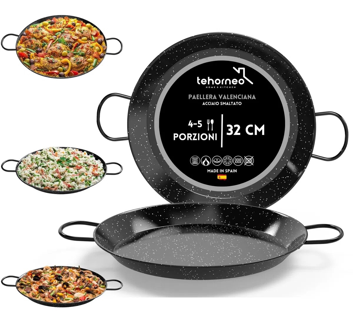 TEHORNEO Padella per Paella, Paellera Induzione 32 cm Acciaio Smaltato 4-5 porzioni, Paellera, Padella Paella, Pentola per Paella, Pentola Paella, Paella
