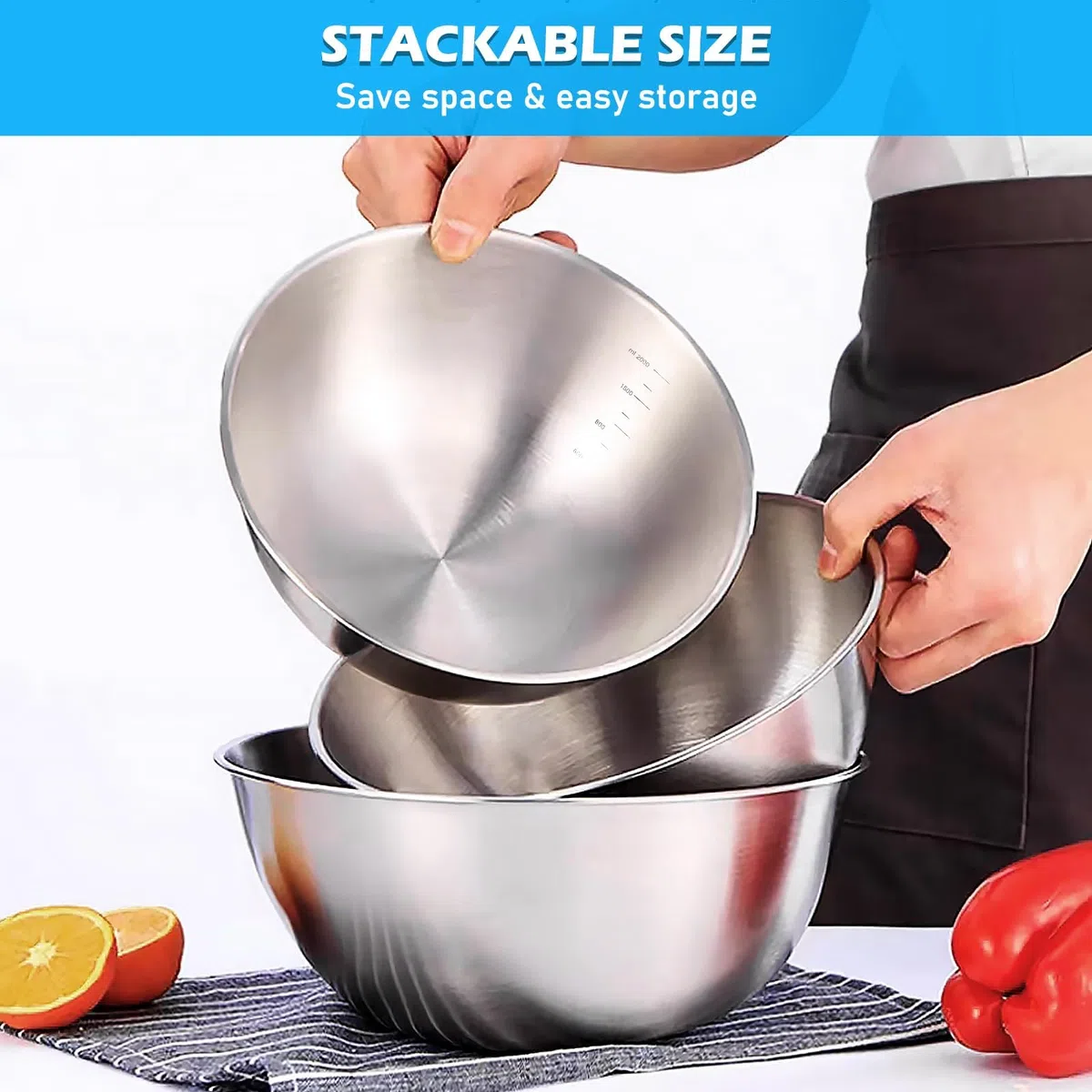 Confezione da 5 ciotole in acciaio inox, ciotola per insalata, ciotola in acciaio inox, ciotola per miscelazione, ciotola da cucina, 1 l, 1,5 l, 2 l, 2,5 l, 3,5 l, per la cucina, poco ingombrante