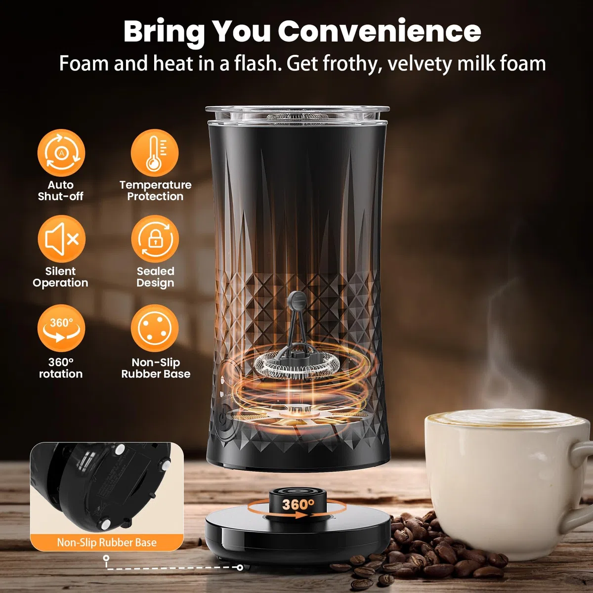 Montalatte Elettrico 4 in 1, Schiumalatte Caldo e Freddo Veloce, 2 Fruste, Rivestimento Antiaderente, Spegnimento Automatico, per Caffè, Cappuccino, Latte