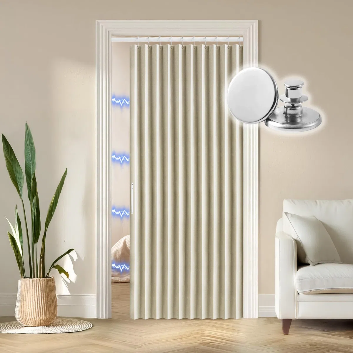 RINHARTEX Tenda magnetica oscurante a fisarmonica, per armadio, pieghettata, pieghevole, per porta, divisorio interno, camera da letto, bagno, soggiorno (106 x 198 cm, beige crema)