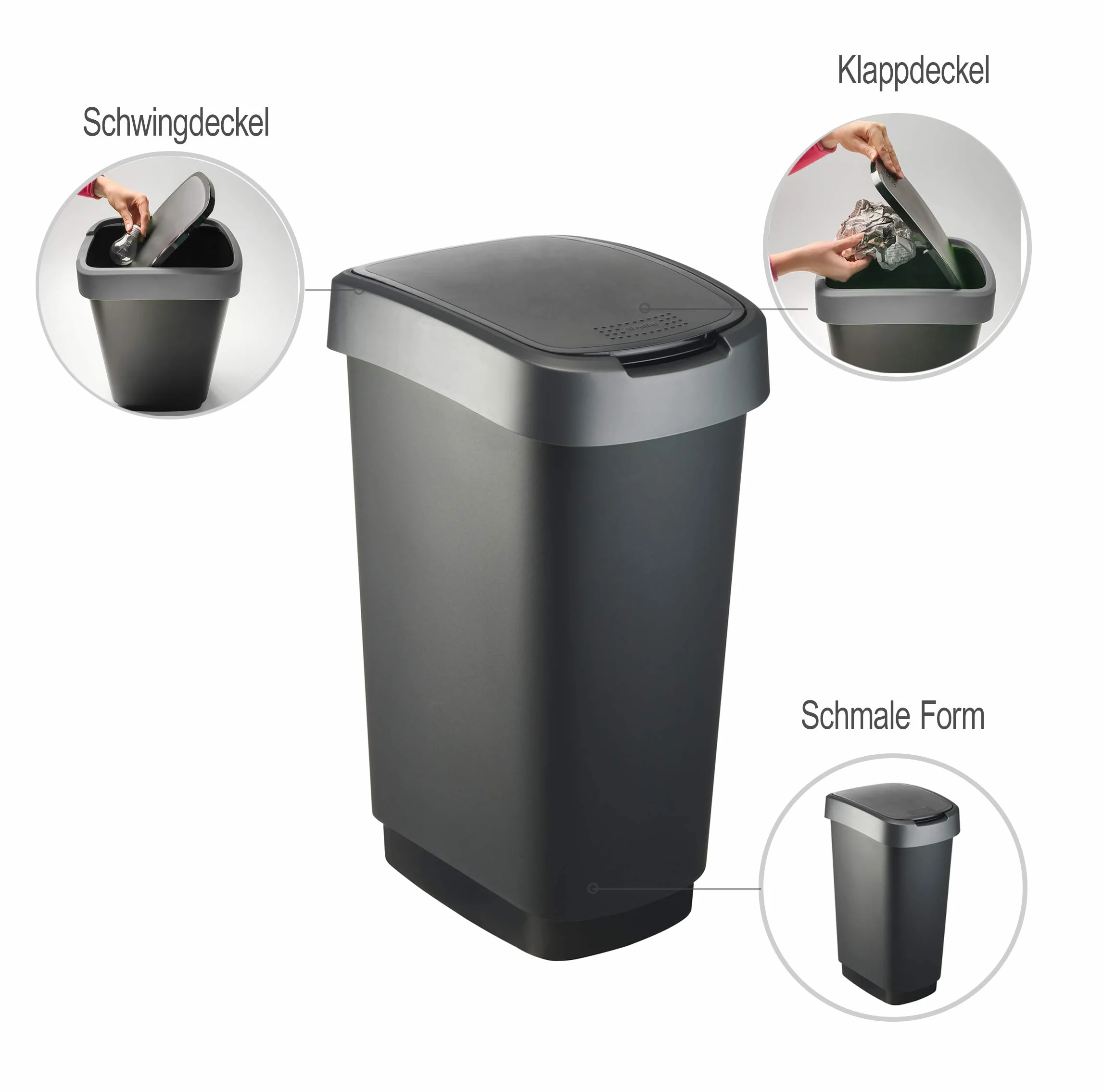 Rotho Twist Portarifiuti con Coperchio, può Essere Usato come Coperchio a Battente o a Cerniera, Plastica (PP) senza BPA, Nero/Argento, 50 L, 40.1 x 29.8 x 60.2 cm