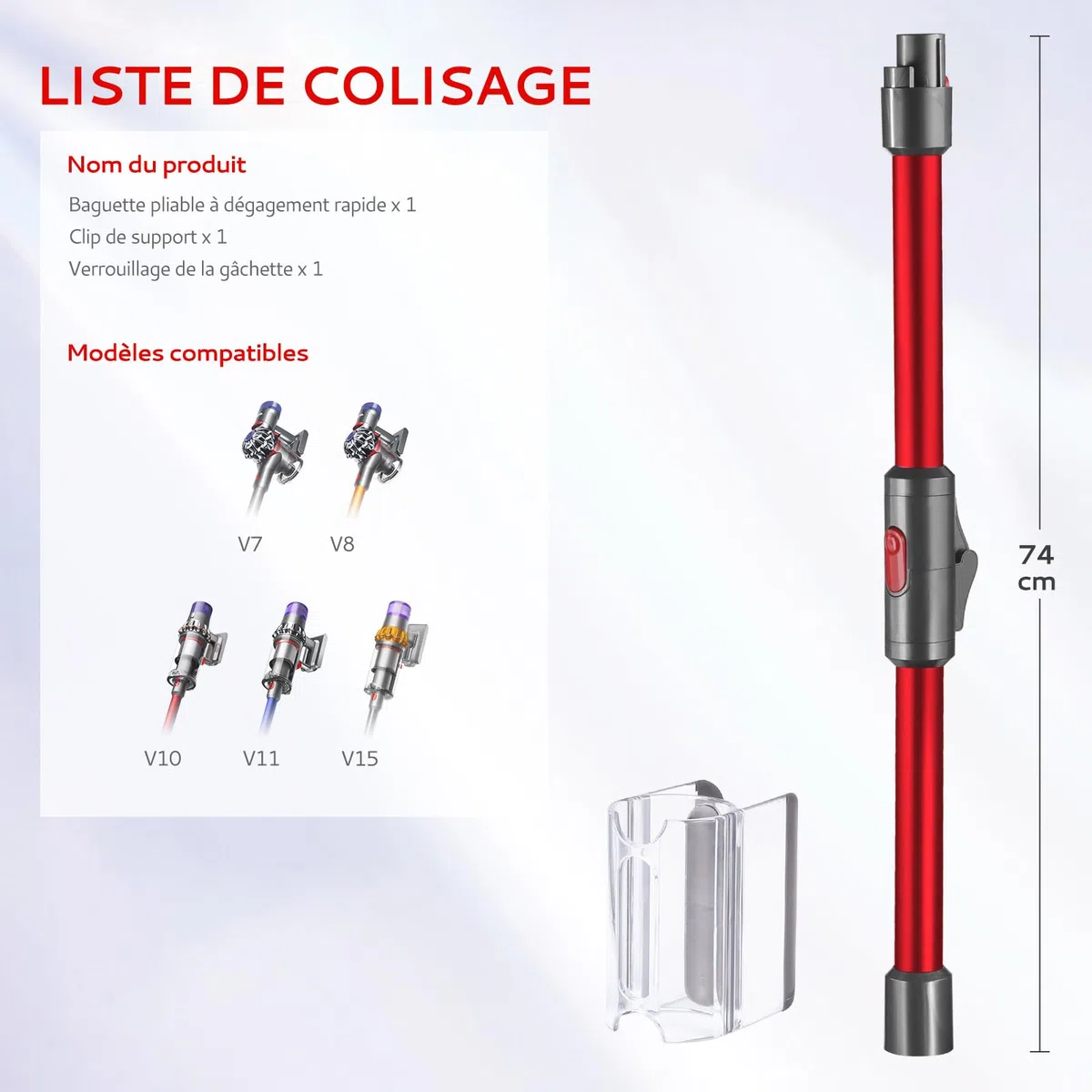 Tubo telescopico pieghevole compatibile con Dyson V7 V8 V10 V11 V15 aspirapolvere senza fili, tubo in alluminio a sgancio rapido migliorato per la pulizia sotto il letto, tavolo divano (rosso)
