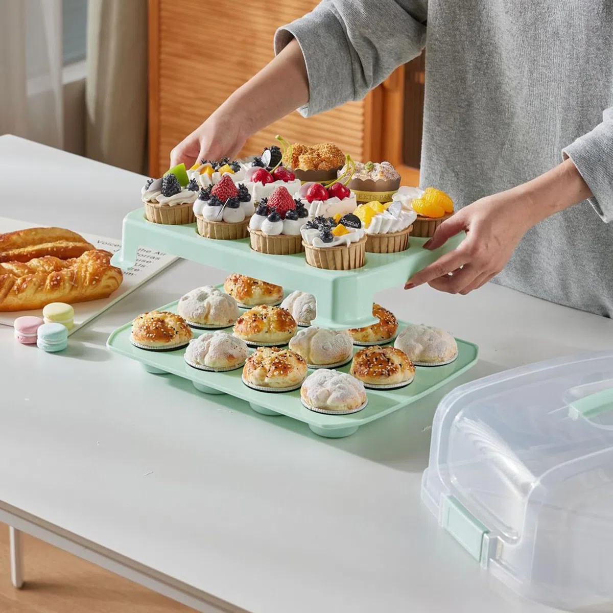 Contenitore per cupcake, contenitore per torte, organizer per alimenti, contenitore a 2 ripiani, pratico organizer adatto per muffin, torte, ideale per matrimoni, compleanni, feste, Natale, casa