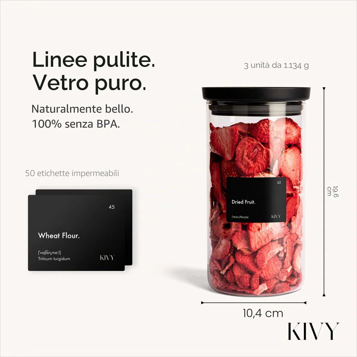 KIVY Barattoli in Vetro Ermetici [3x 1200ml] - Contenitori per Pasta e Spaghetti - Barattolo Grande per Cucina