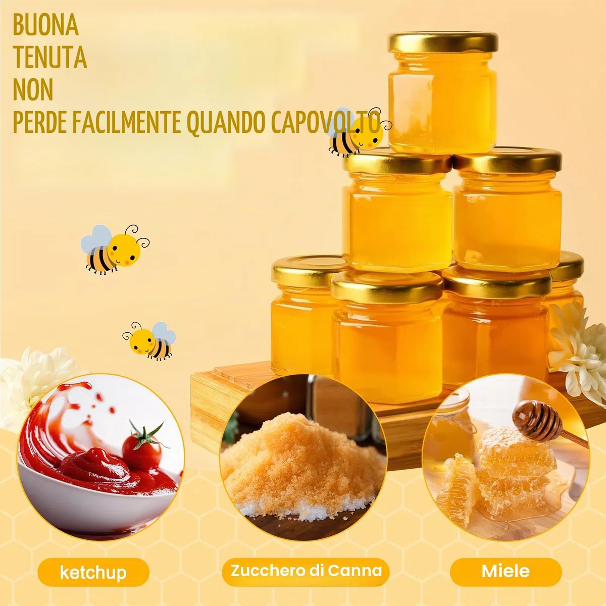 30 pezzi Mini Vasetti Miele,esagonale vasetti di vetro miele da 45ml con coperchio a vite,Mini Vasetti per Miele Esagonali coperchi dorati,pendenti a forma di ape
