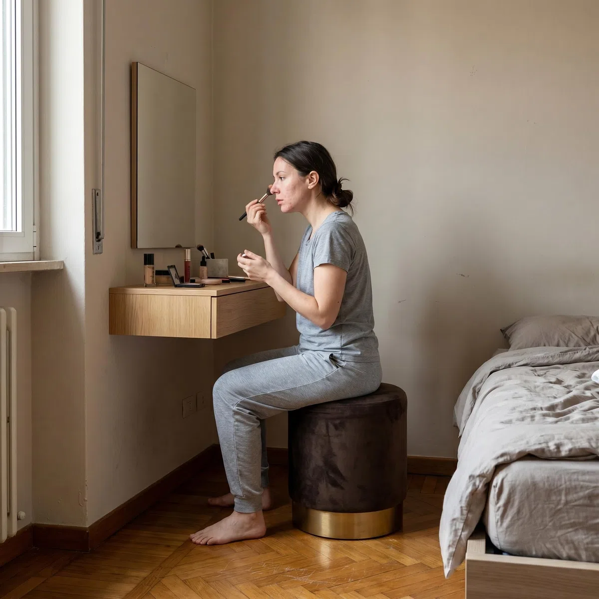 INTRECCI Pouf Cilindro in Velluto con Base Oro Elegante | Sgabello Poggiapiedi Imbottito per Salotto e Camera da Letto | Poltroncina Rotonda, Design Moderno | Ø 32 x H 40 cm – Colore: Beige