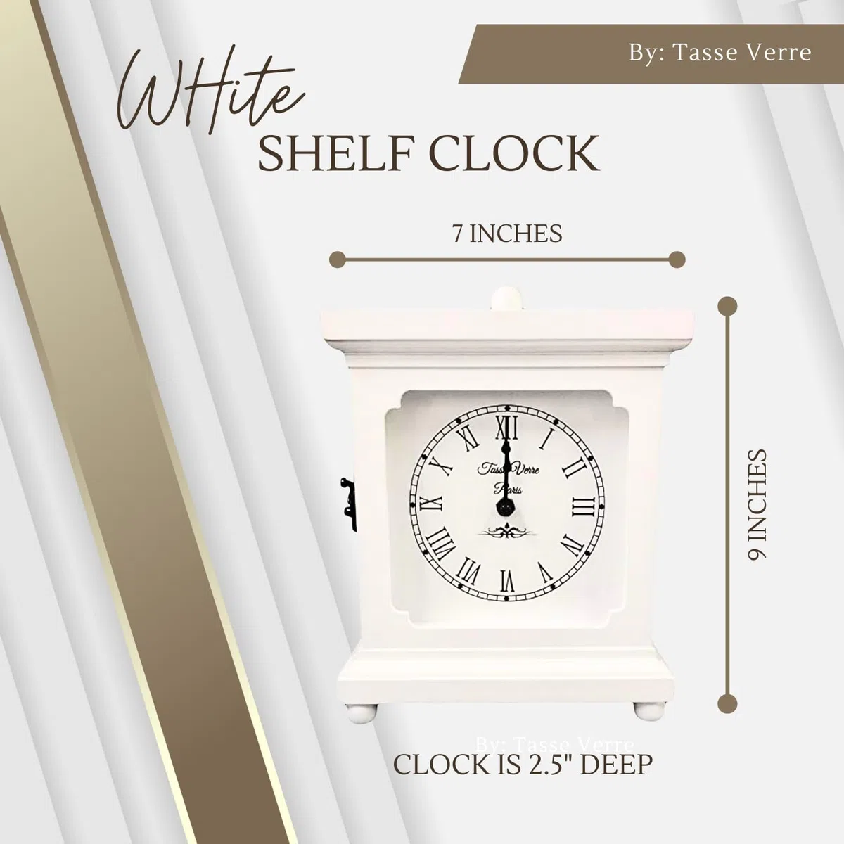 Tasse Verre, orologio bianco, da mensola o scrivania, 22,9 x 17,8 cm, in legno, meccanico, silenzioso, da ufficio, camera da letto, caminetto, soggiorno. Funzionamento a batteria AA non digitale