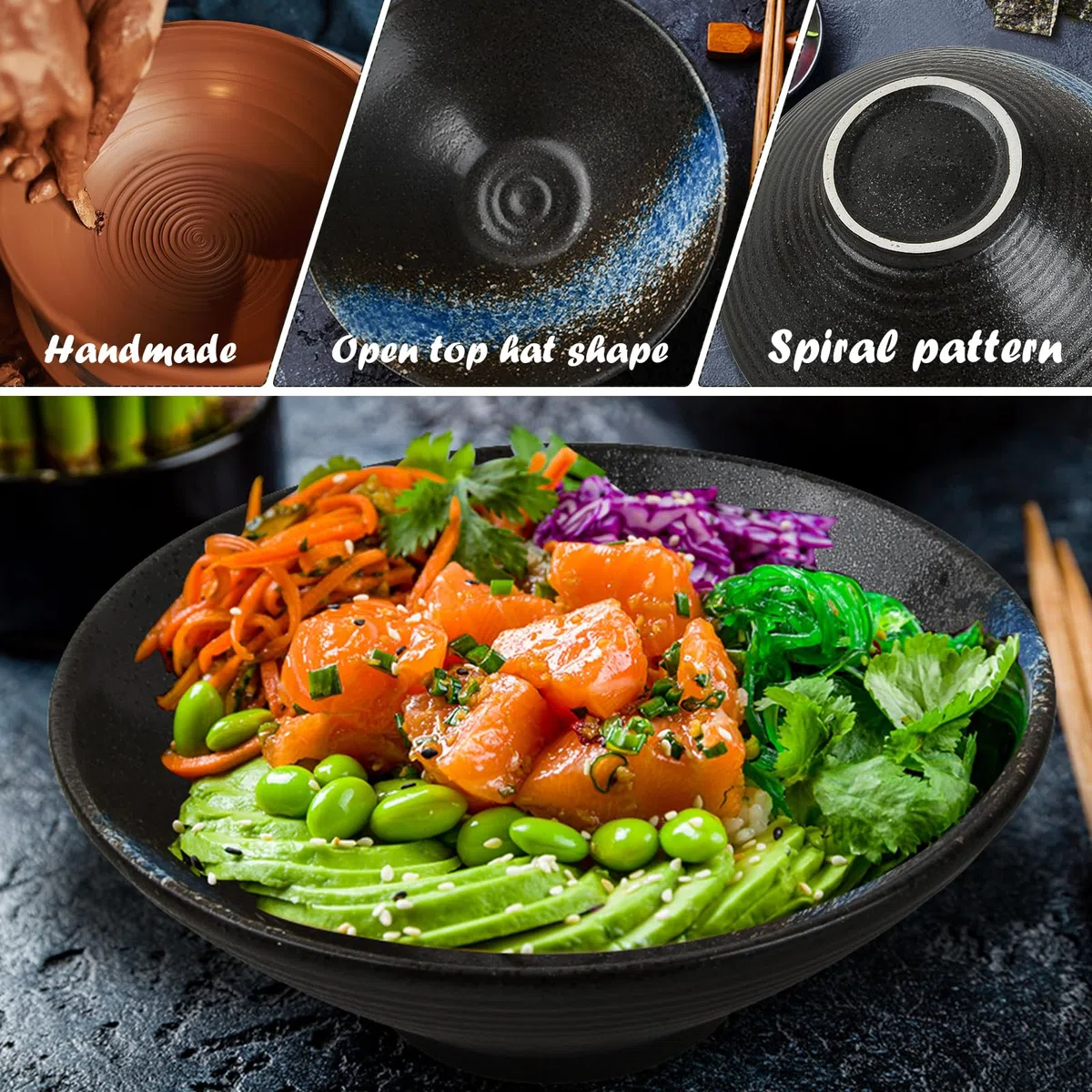 2 Ciotole Ramen in Ceramica 1000 ml, Ciotola Giapponese con Bacchette e Cucchiai per Zuppa Pho Udon Noodles Insalata, Compatibile Microonde Lavastoviglie Forno