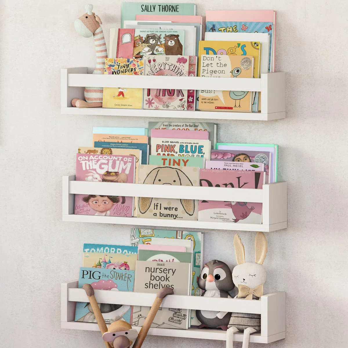 NATURE SUPPLIES Set 3 Mensole da Parete in Legno Massello Bianco - Camera Bambini - Ideali per Libri e Giocattoli
