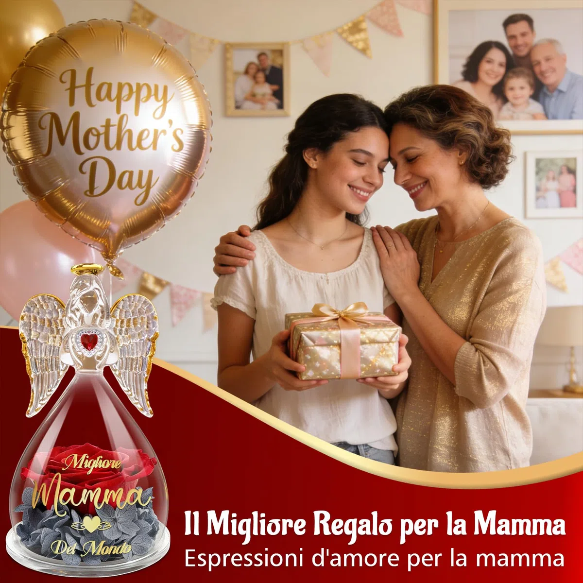 Sunia Festa della Mamma Idee Regalo, Rosa Eterna Angel stampata con Migliore Mamma del Mondo, Miglior Regalo per Mamma, Rose Stabilizzata Vera con Angelo di Vetro, Regali Festa della Mamma Originali