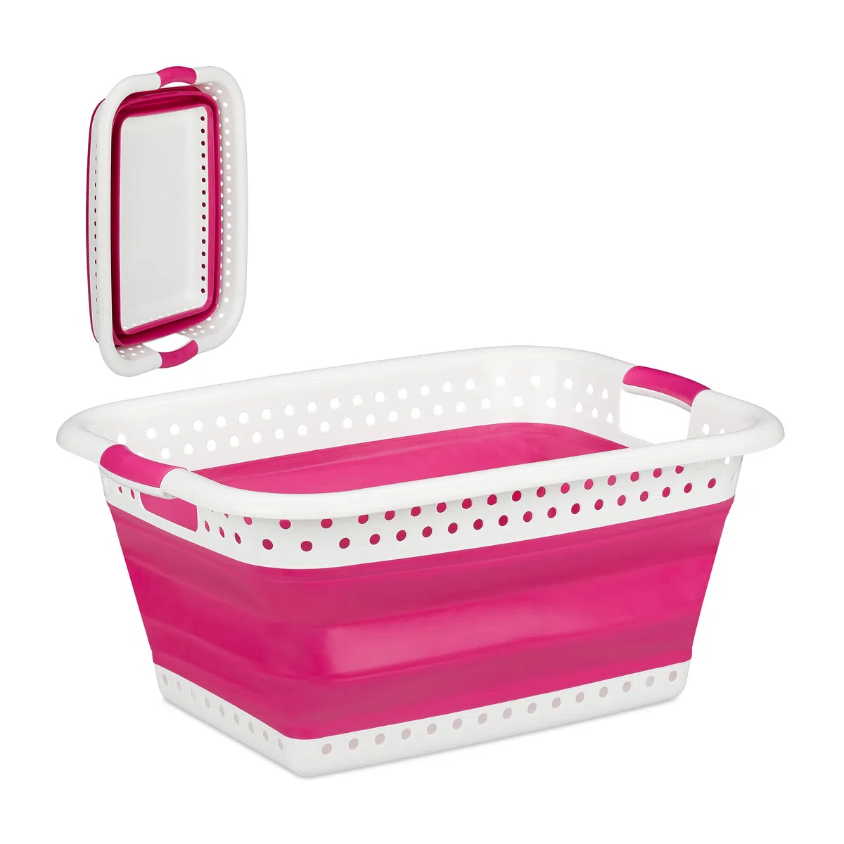 Relaxdays Cesto Portabiancheria Pieghevole con Manici, Plastica e Silicone, Salvaspazio, HxLxP: 27 x 61 x 45,5 cm, Pink