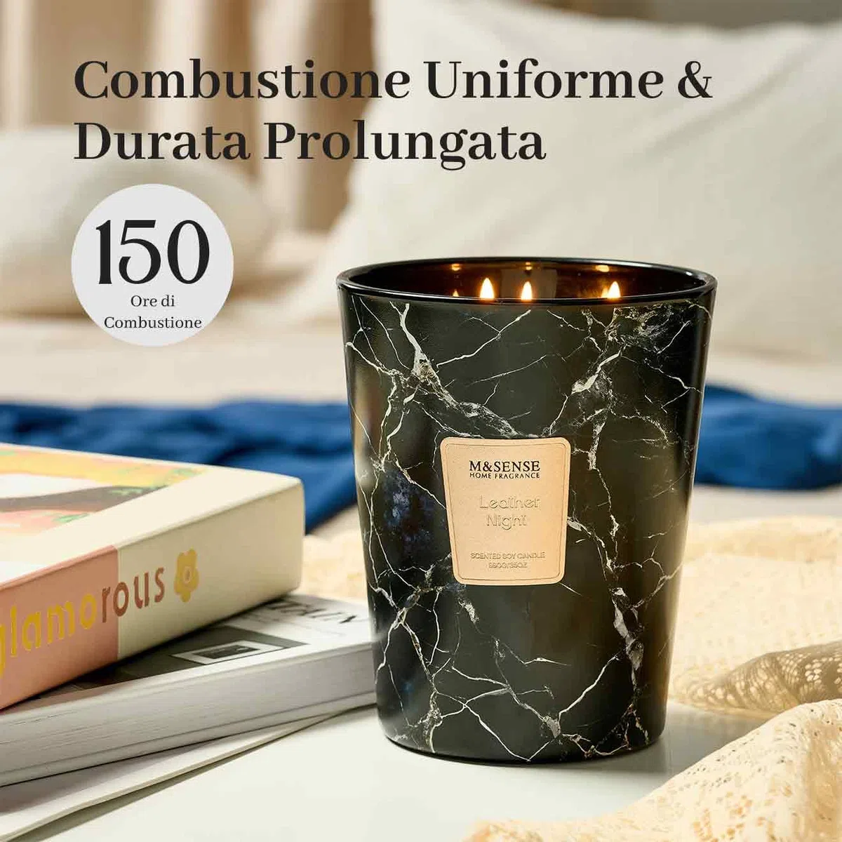 M&SENSE Candela Profumata Grandi 990g Notte Cuoio, 3 Stoppini 150H Dura, Naturali Cera di Soia Non Tossico Candele, Marmo Vetro Room Decor, Regalo di Lusso per Donne/Natale, Home Scented Oversize