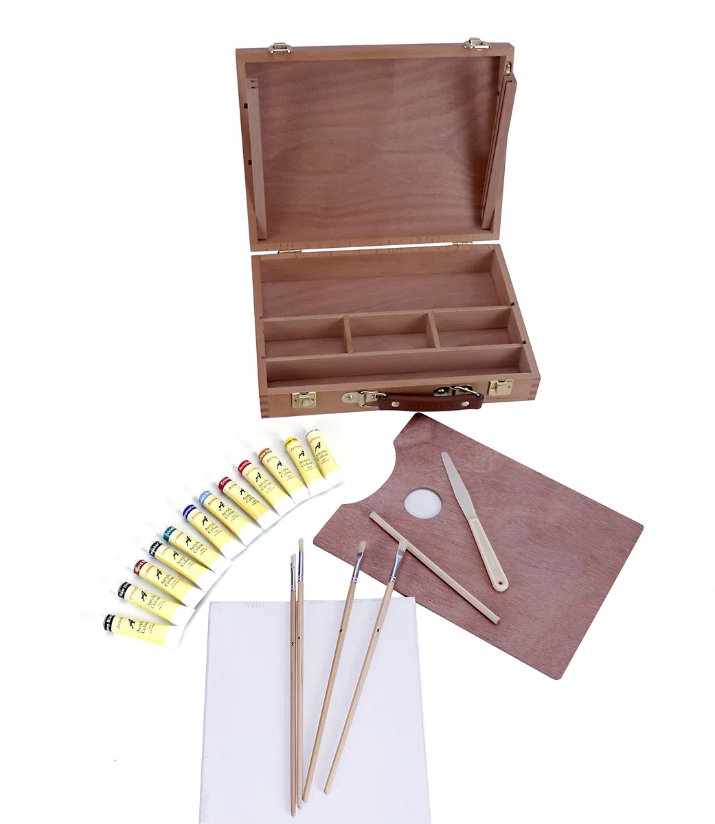 Artme Set in legno per pittura e cavalletto di qualità superiore con 23 pezzi-Cavalletto da tavola/ 3 pannelli/12 pittura acrilica/ 4 pennelli/matita/spatola in plastica/tavolozza in legno