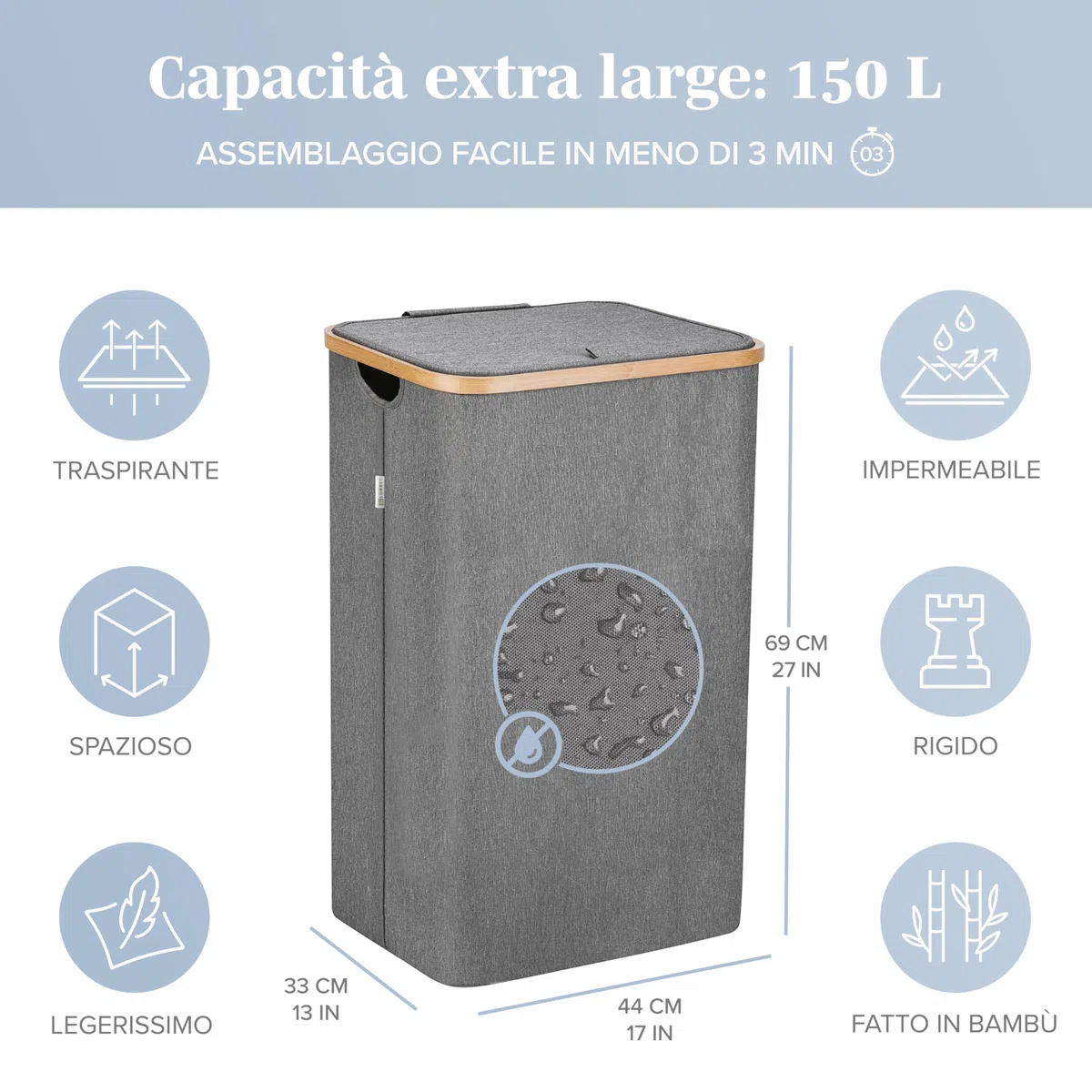 Lonbet - Cesto Grande Grigio - XL 100 Litri - Porta Biancheria Sporca con Coperchio - Portabiancheria Sporca con Manici