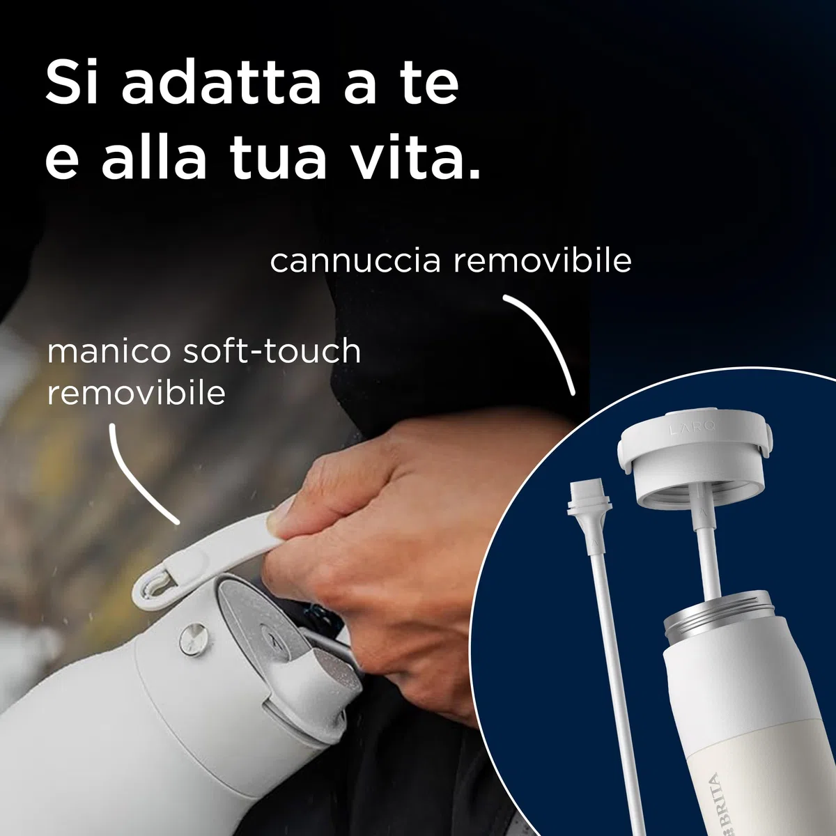 BRITA LARQ Essential - Borraccia (1 l), in acciaio inox, isolamento a doppia parete (24 ore freddo), con cannuccia e manico rimovibile Soft Touch, lavabile in lavastoviglie