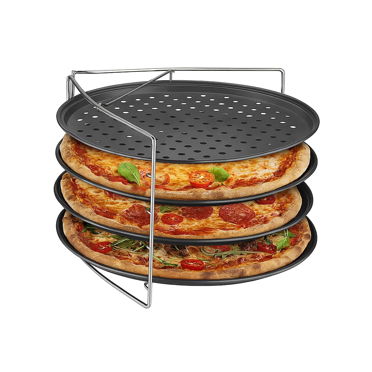 Relaxdays Teglie Forate per Pizza Rotonde, Set da 4, Acciaio Carbonio Antiaderente, Supporto Inox da Forno, Impilabile