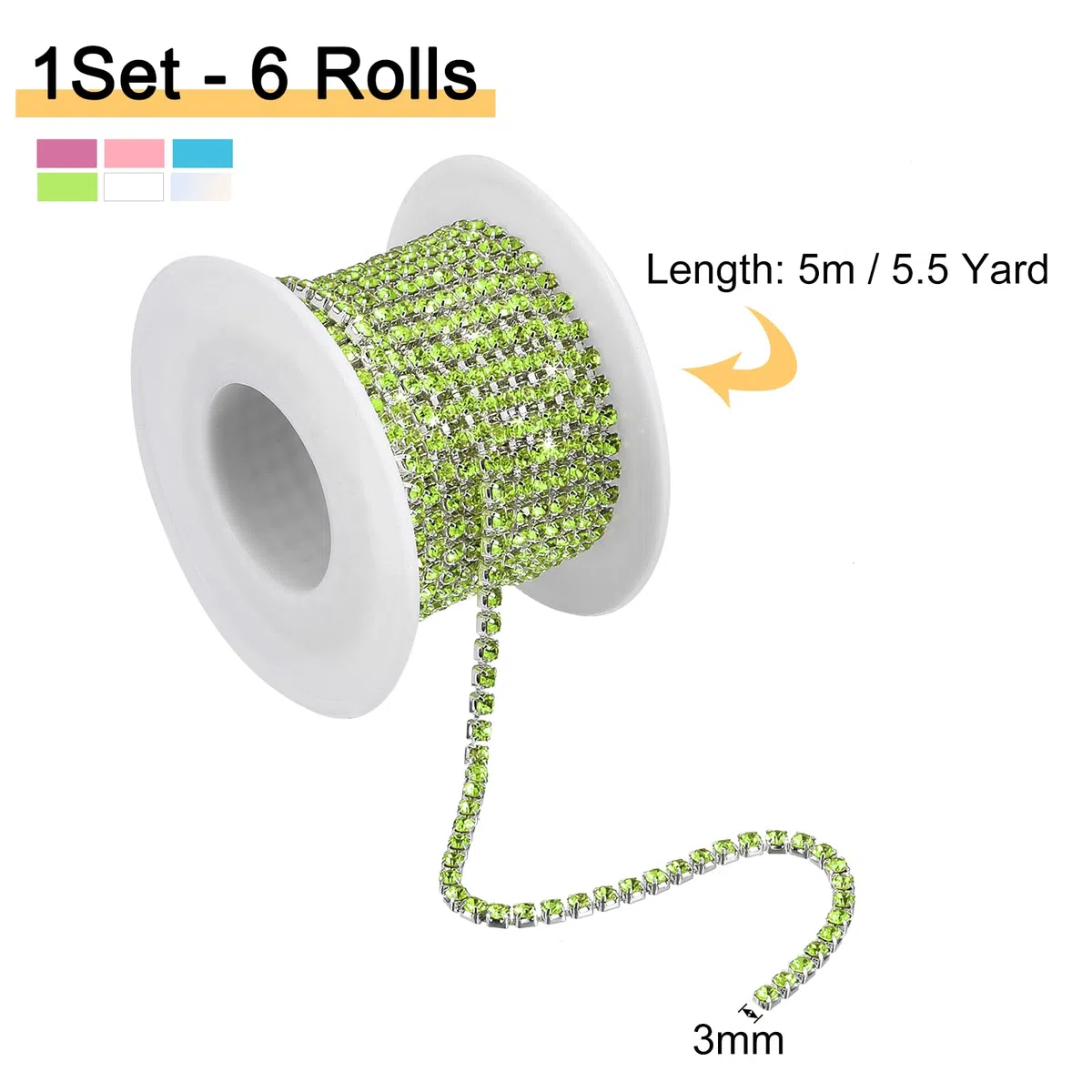 QUARKZMAN 6 Rotolo 33 Iarde 3MM Cristallo Strass Chiusura Catena Rifinitura, Cucire su Catena Strass Cristallo Rifinitura per Cucito Artigianato Nozze Festa Fai-da-Te Decorazione, 6 Color