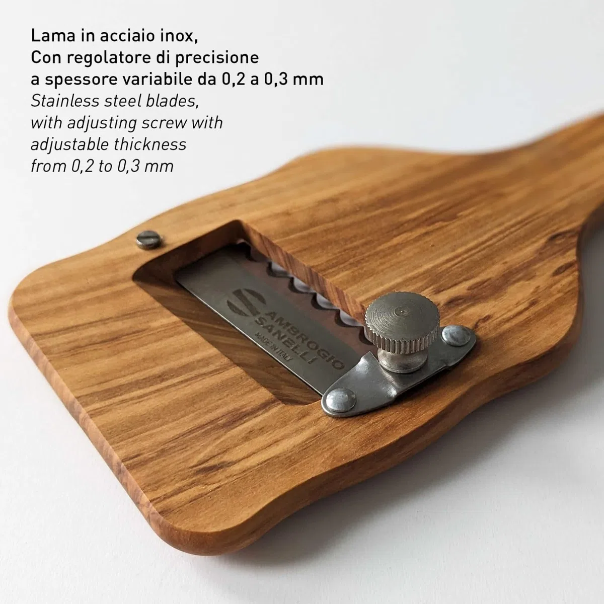 Sanelli Ambrogio Ambrogio Sanelli-Affettatartufi in Legno Manico in Ulivo, Ergonomico ed Antiscivolo. Regolatore di qualità per Un Taglio preciso. Lama ondulata, Marrone, 23.0x9.0x2.5 cm