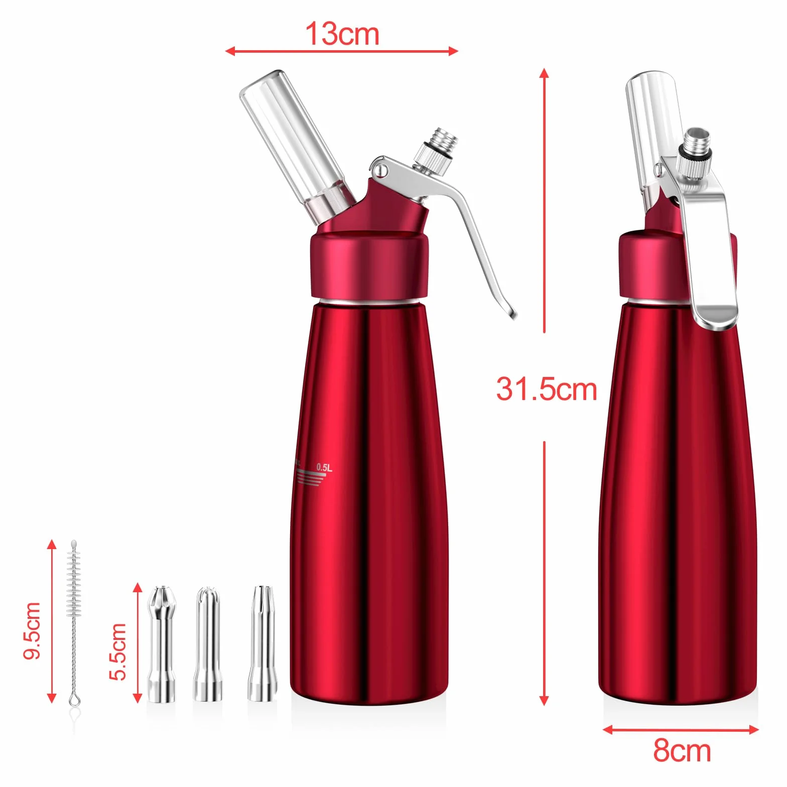 Newaner 500ml Sifone Panna Montata, sifon da Casa e Cucina Alluminio con 3 Ugelli in Acciaio Inox e 1 Spazzola da Pulizza, per Decorazione Torte di Compleanno Pasticceria Panna Gelato e Dessert