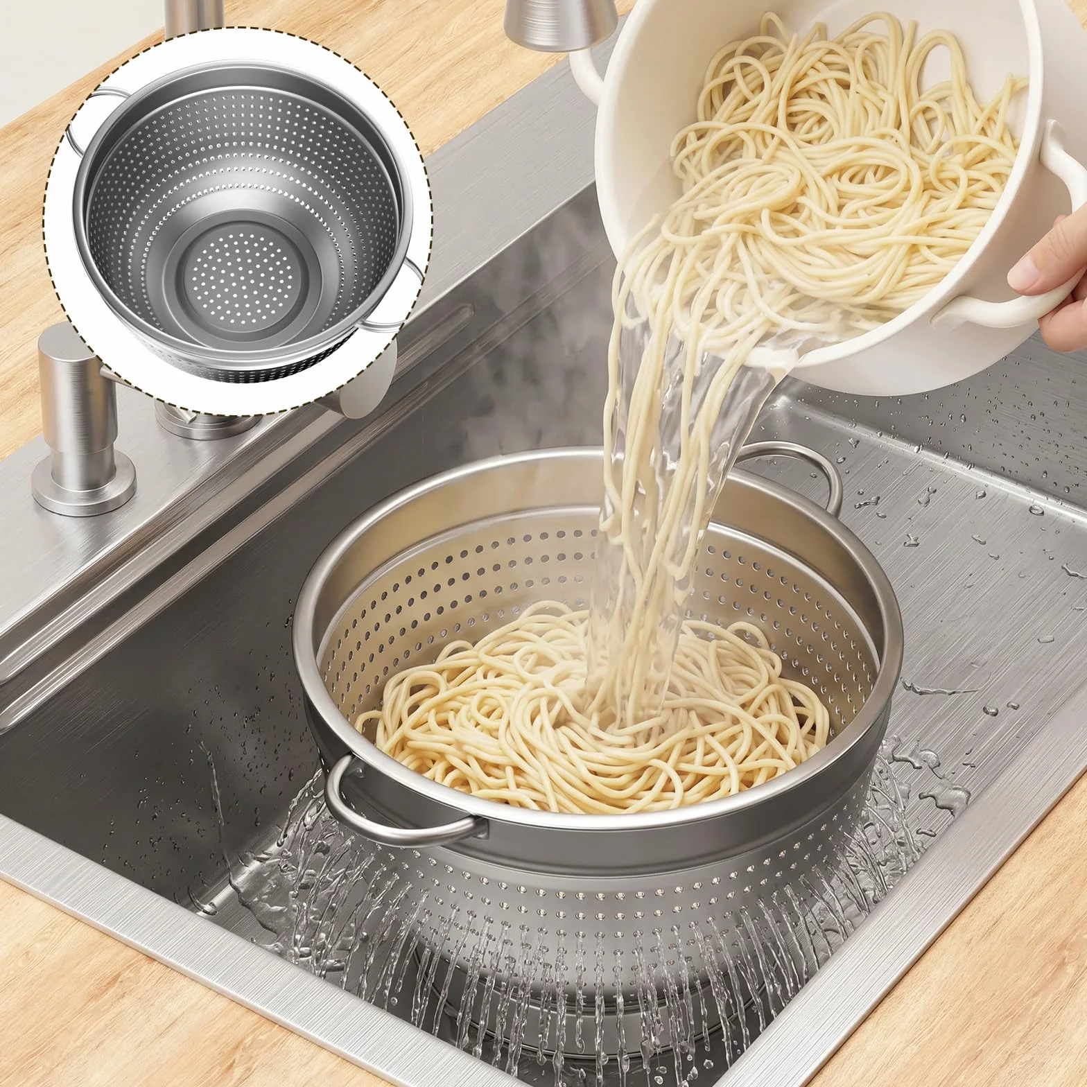 Set di 3 scolapasta in acciaio inox, 20/24/26cm Colino-Scolapasta in Metallo per Lavello con Manico, Filtro a Maglia Fine per Lavare Pasta, Verdura, Frutta e Riso (tre)