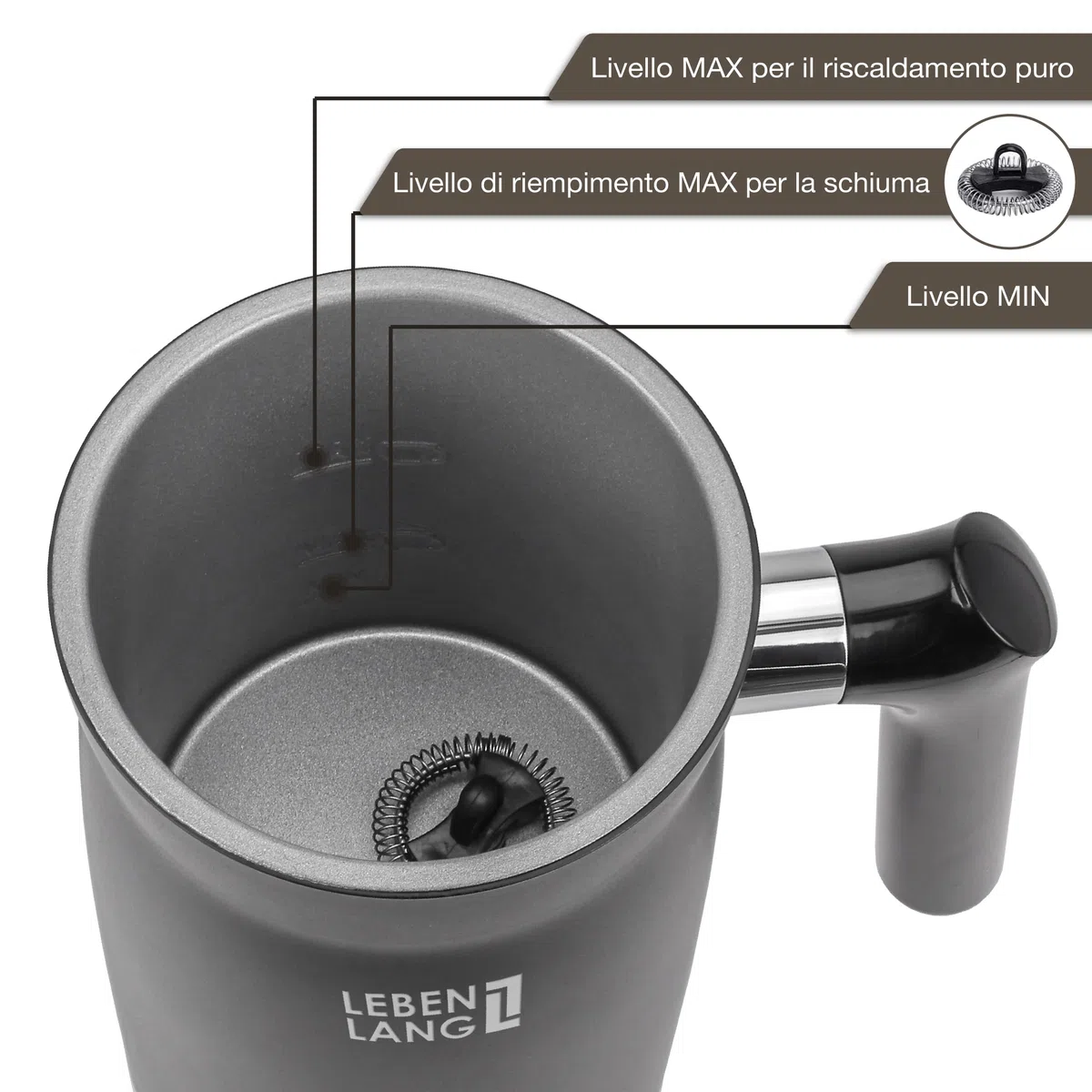 LEBENLANG Montalatte elettrico nero - Incl. frusta di ricambio + 4 modalità per un cappuccino perfetto - Montalatte elettrico - con Funzione Latte Caldo e Freddo - Montalatte elettrico cappuccino