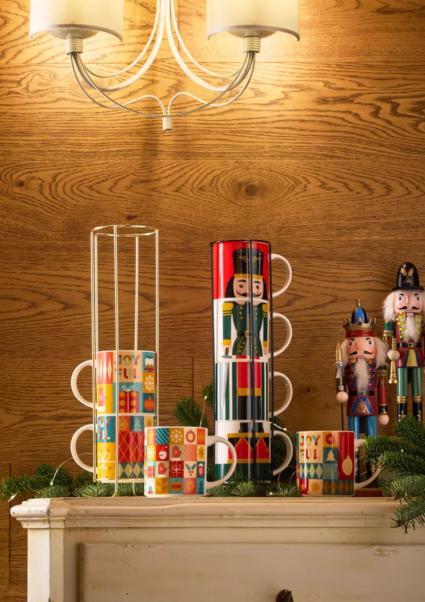 Tognana, Set 4 Mug Cc370 impilabili Con Supporto Xmas Wrap, New Bone China, Multicolor