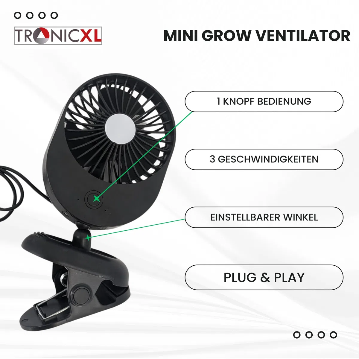 TronicXL Ventilatore USB Grow con clip morsetto a morsetto, ventilatore a clip per Homebox Growbox GrowBox Secret Jardin GrowPro DiamondBox Zelsius Mars Hydro ecc.