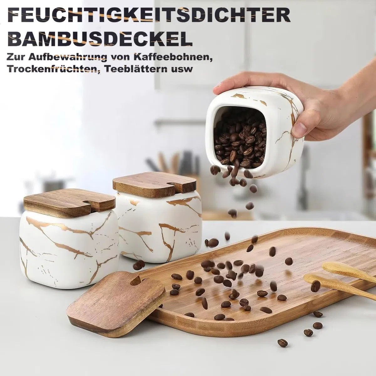 Set Zuccheriera in Ceramica, 3 pz Condimento Box con Coperchio e Cucchiaio e Vassoio, Jar, Scatola, Barattolo Utensili da Cucina Forniture per Spezie, Bianca