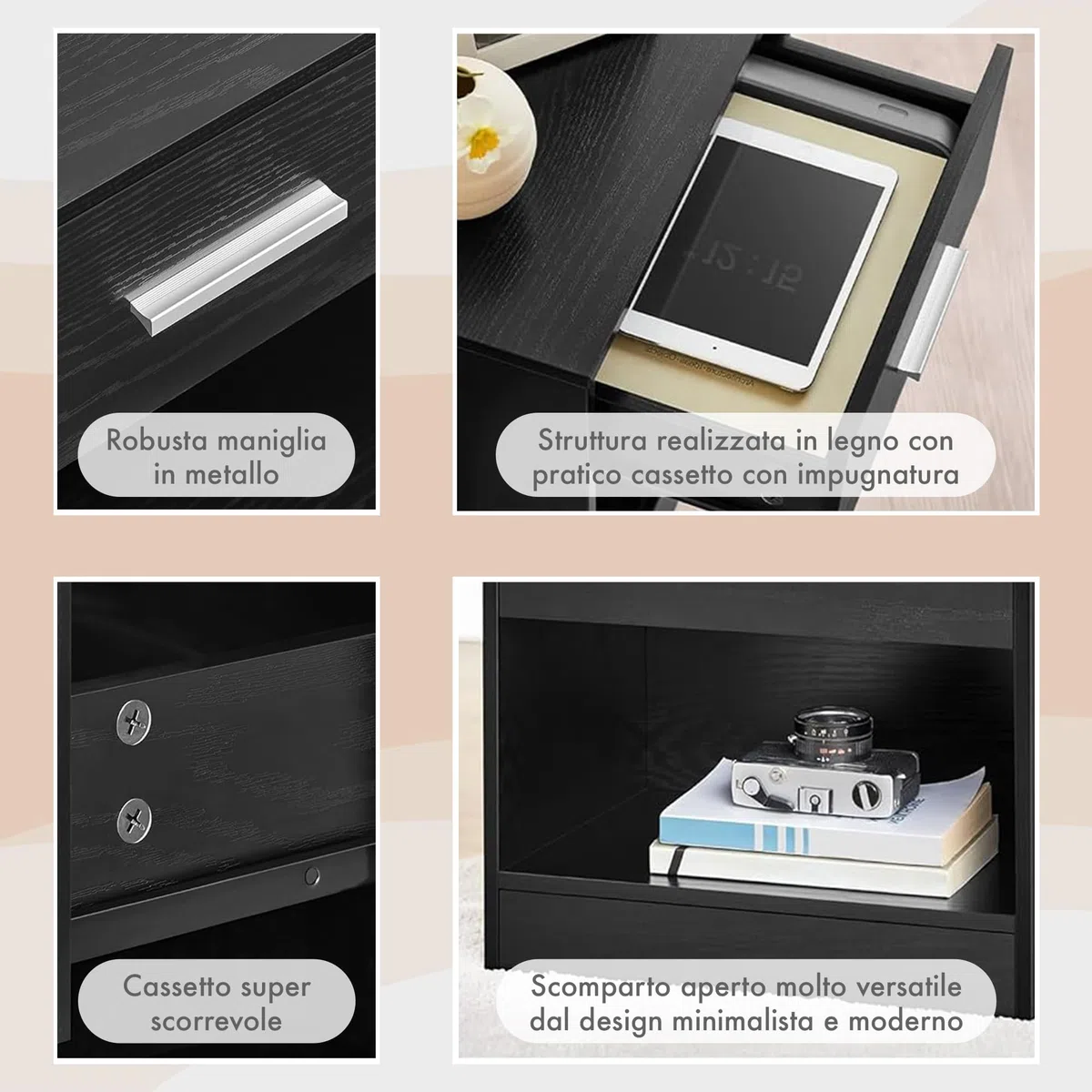 IlGruppone Comodino Moderno Cassetto con Maniglia E Scomparto Aperto Camera da Letto Portalibri Oggetti Mensola Libreria - Nero