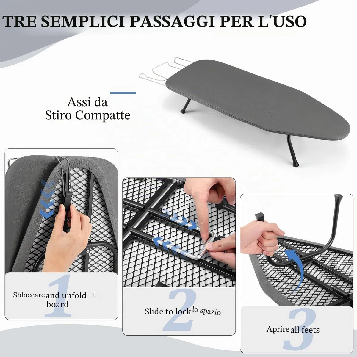 Piccolo Asse da stiro pieghevole salvaspazio, mini tavola con imbottitura antiscivolo per uso domestico, 77 x 32 cm