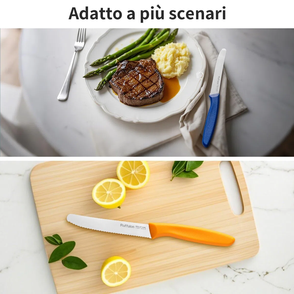 Set 6 pezzi di coltelli da tavola, robusti e durevoli, coltelli da cucina affilati, coltelli seghettati, coltelli da pane in acciaio inox, lavabili in lavastoviglie, colorati.