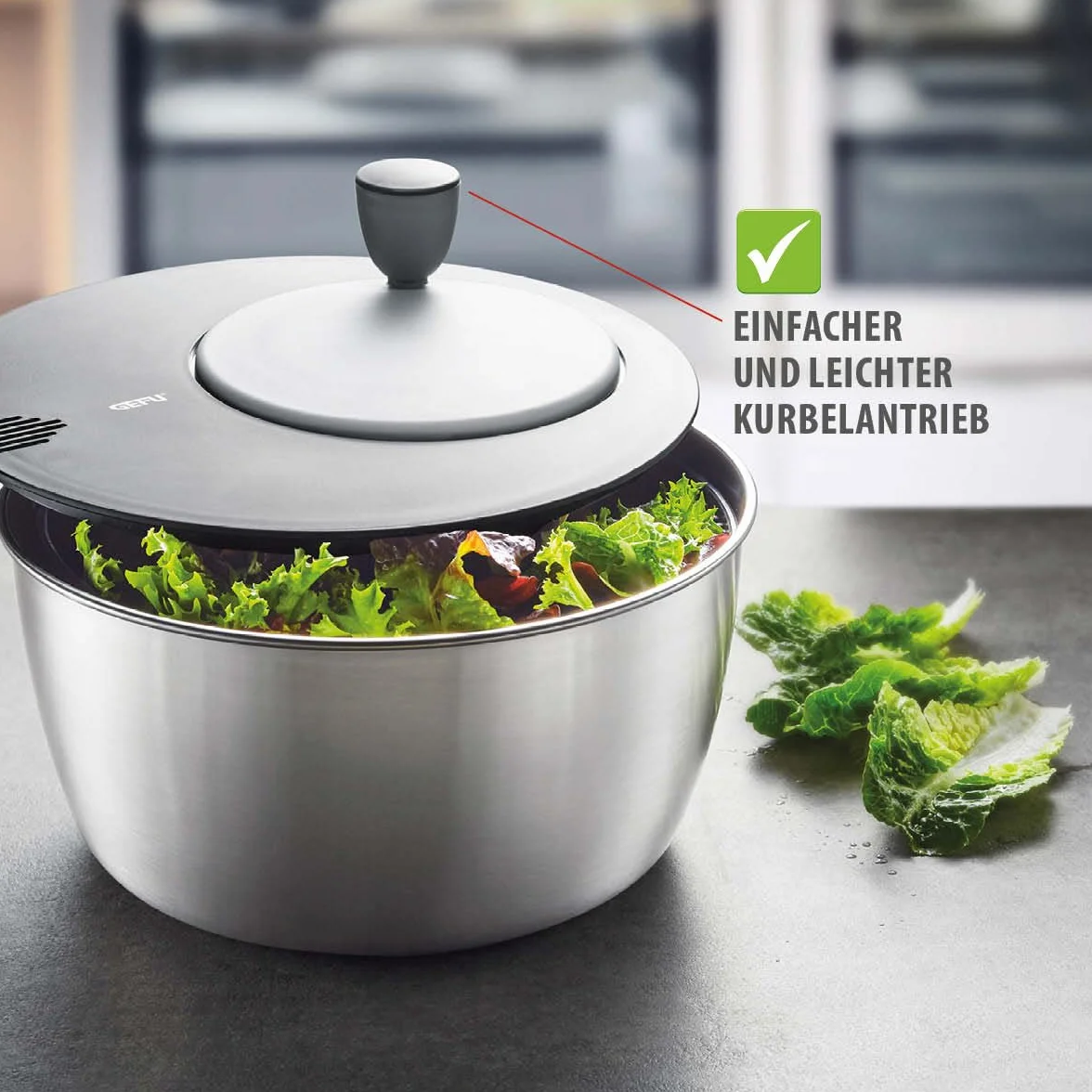 GEFU GF28180 - Centrifuga per insalata, Ø 25 cm, H 17,2 cm, 3 litri, argento