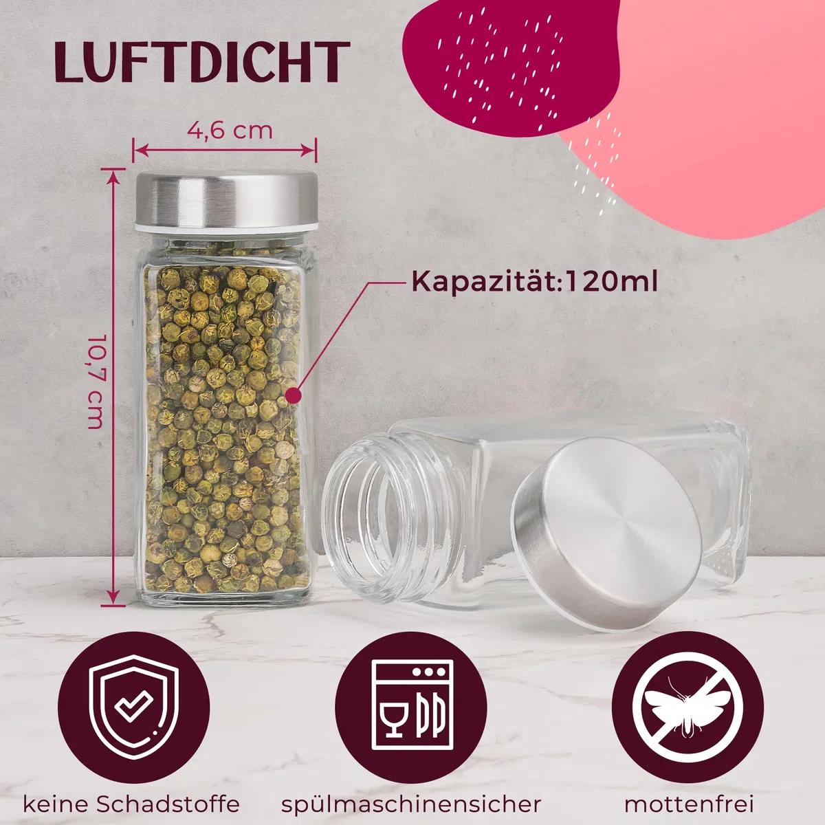 Barattoli per spezie rettangolari [24 x 120 ml] contenitore per spezie con 301 etichette, coperchi in acciaio inox, set di contenitori per spezie, spezie, portaspezie con inserto