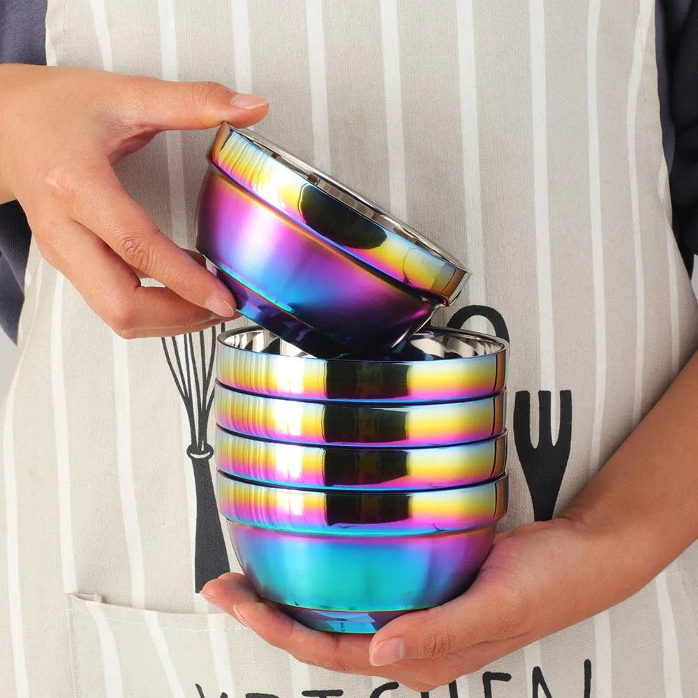 Ciotole per cereali in acciaio inox 18/10, 500 ml, arcobaleno, set da 4 ciotole di riso, grandi ciotole da dessert larghe, 13 cm (5,1 pollici), in metallo, a doppio strato, anti-caldo