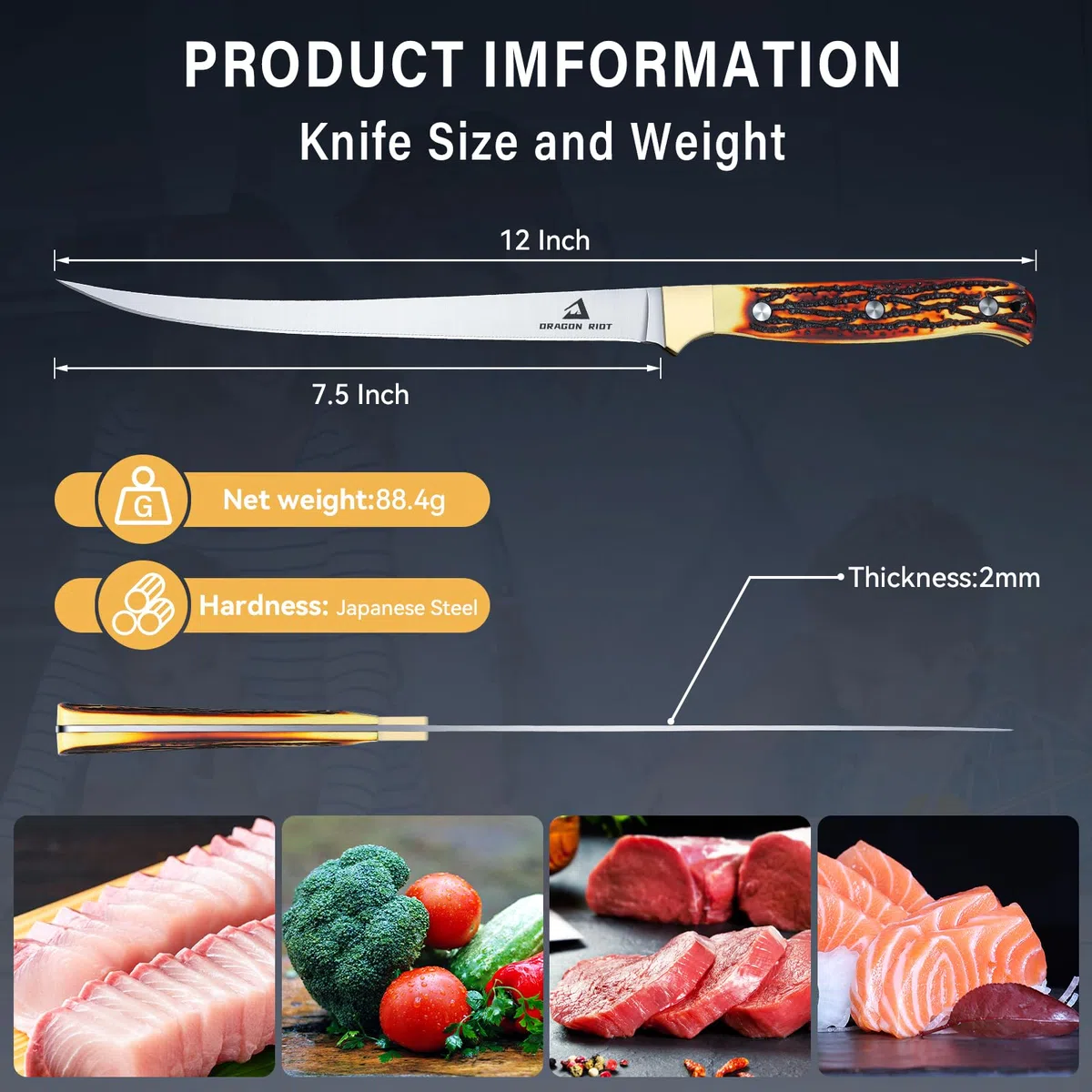 DRAGON RIOT Coltello Per Sfilettare Il Pesce, 18.5cm Coltello Da Pesce In Acciaio Inox Con Impugnatura Antiscivolo, Coltello Da Pesca Professionale Molto Affilato, Coltello Da Carne Per Il Pesce