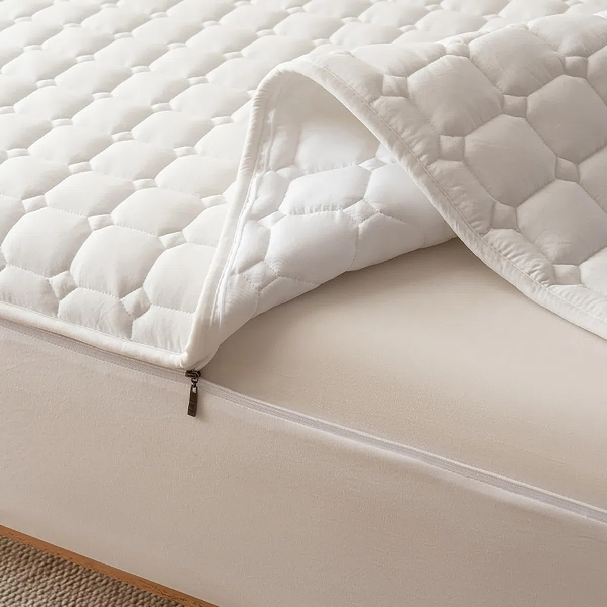 Coprimaterasso Matrimoniale 160x190 180x200 con Cerniera 4 Lati, Fodera Materasso a 6 Lati con Parte Superiore Trapuntata, Sfoderabile Proteggi Materasso Senza Federe(Beige,80x190x20cm)