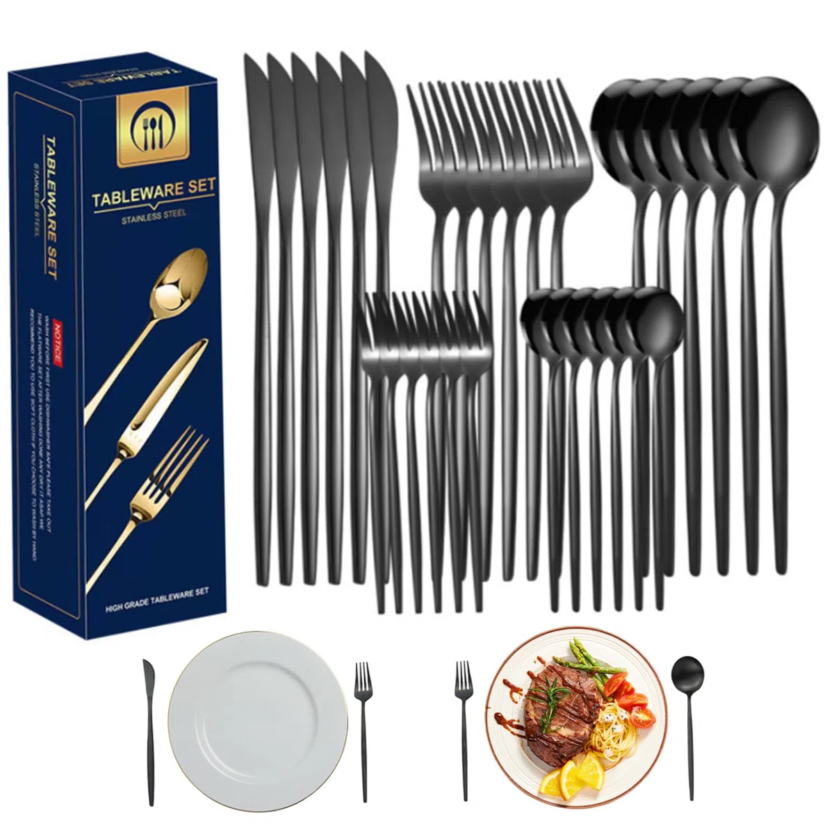 Set di argenteria di argenteria da 30 pezzi da cucina set di argenteria nera con set di utensili in acciaio in acciaio inossidabile set di bistecca per colti